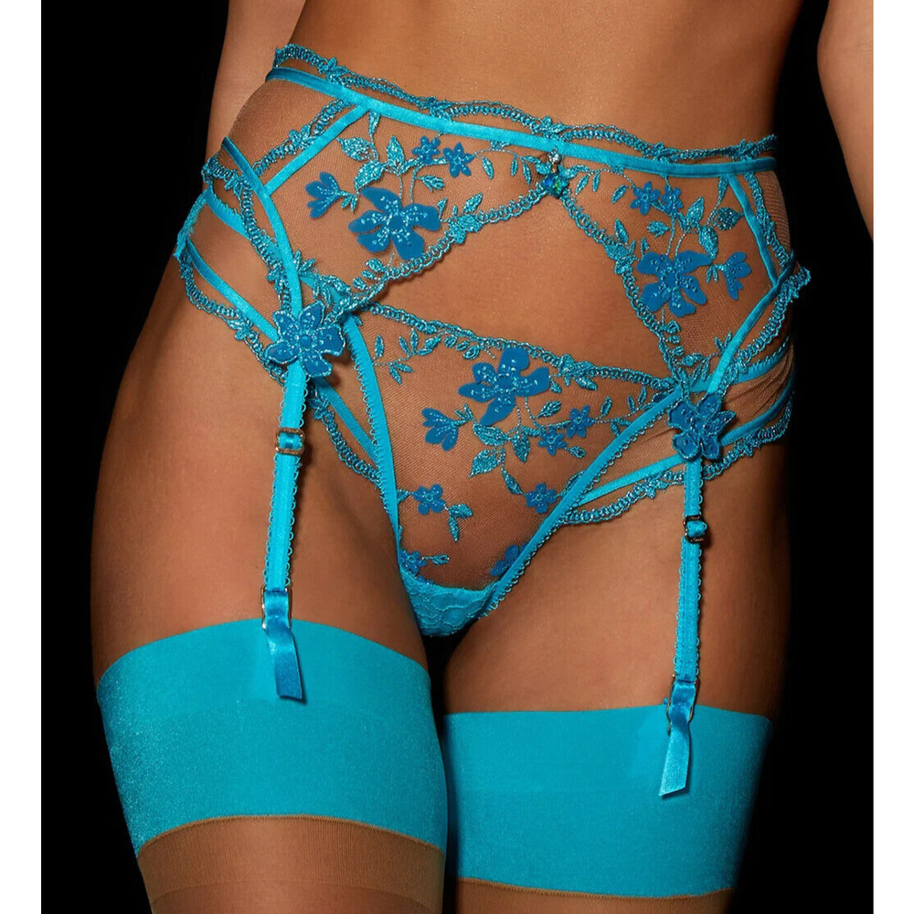 Honey Birdette SABRINA🩵 Blue Floral Garter Suspender Belt Small